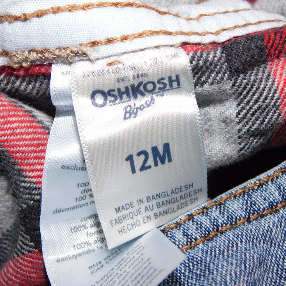 Oshkosh B'Gosh Baby Boys 12 Months Plaid Flannel lined Blue Denim Overalls - Picture 4 of 9